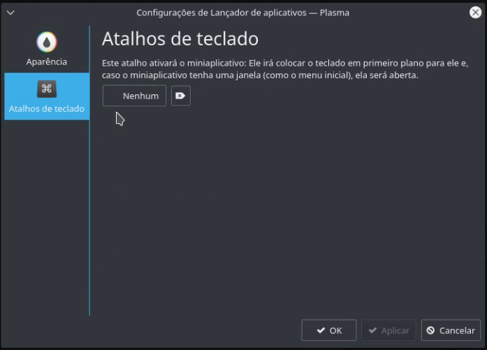 Tela de configurações de lançador de aplicativos, selecionada a opção do menu lateral Atalhos de teclado 