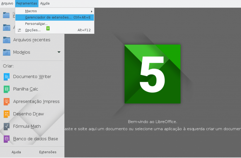 Tela principal do LibreOffice mostrando onde está o gerenciador de extensões
