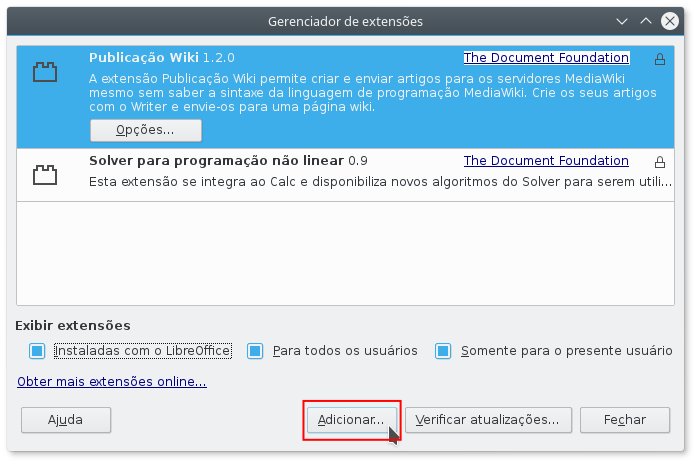 Tela do gerenciador de extensões do LibreOffice
