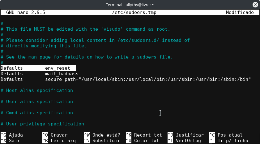 Tela do arquivo de configuração do sudo, selecionado a linha onde tem Defaults env_reset 
