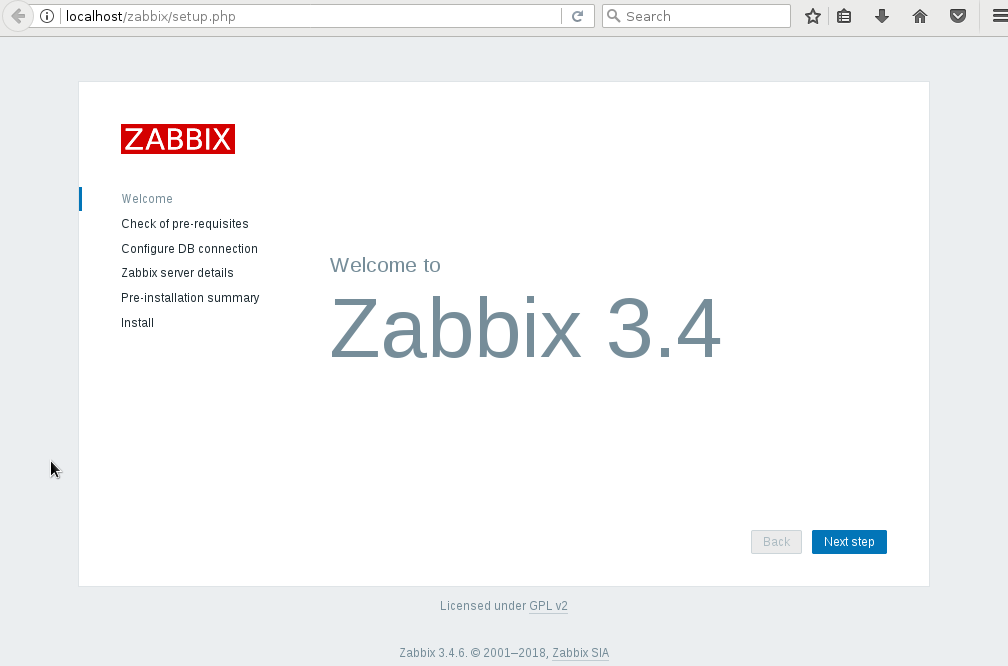 Página de boas-vindas do Zabbix
